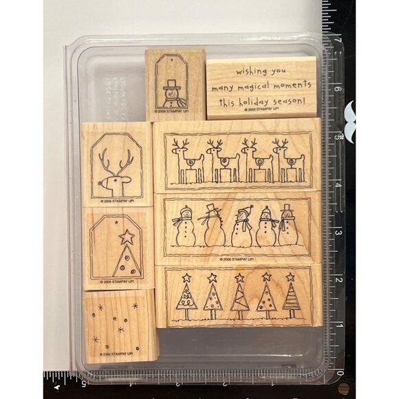 2006 STAMPIN' UP! FESTIVE FAVORITES WOOD MOUNTED RUBBER STAMP SET OF 8 HOLIDAY - Picture 2 of 5